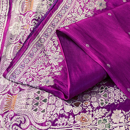 Sanskriti Vintage Purple Pure Satin Sarees Banarasi Brocade Zari Hand-woven5+YD