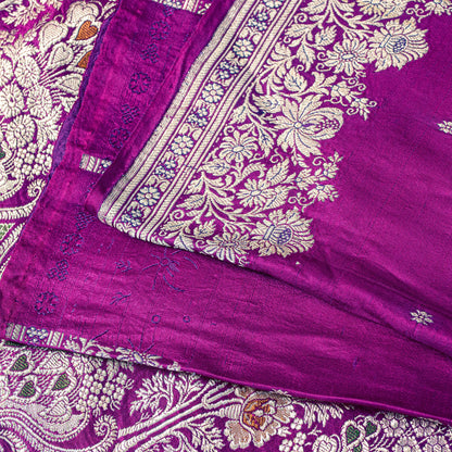 Sanskriti Vintage Purple Pure Satin Sarees Banarasi Brocade Zari Hand-woven5+YD