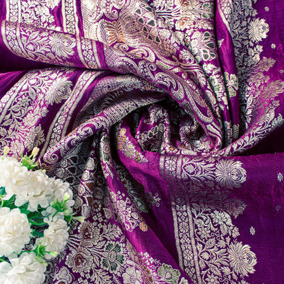 Sanskriti Vintage Purple Pure Satin Sarees Banarasi Brocade Zari Hand-woven5+YD