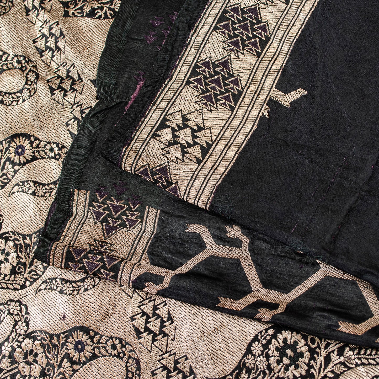 Sanskriti Vintage Saree Black 100% Pure Satin Silk Banarasi Brocade Zari HandWoven 5+Yd Cultural Sari Floral Pattern From Textile of India
