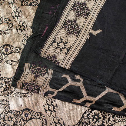 Sanskriti Vintage Saree Black 100% Pure Satin Silk Banarasi Brocade Zari HandWoven 5+Yd Cultural Sari Floral Pattern From Textile of India