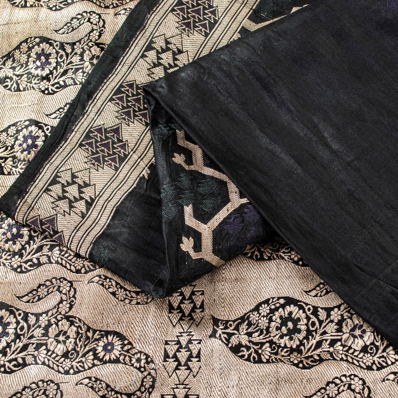Sanskriti Vintage Saree Black 100% Pure Satin Silk Banarasi Brocade Zari HandWoven 5+Yd Cultural Sari Floral Pattern From Textile of India