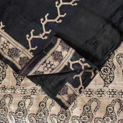 Sanskriti Vintage Saree Black 100% Pure Satin Silk Banarasi Brocade Zari HandWoven 5+Yd Cultural Sari Floral Pattern From Textile of India