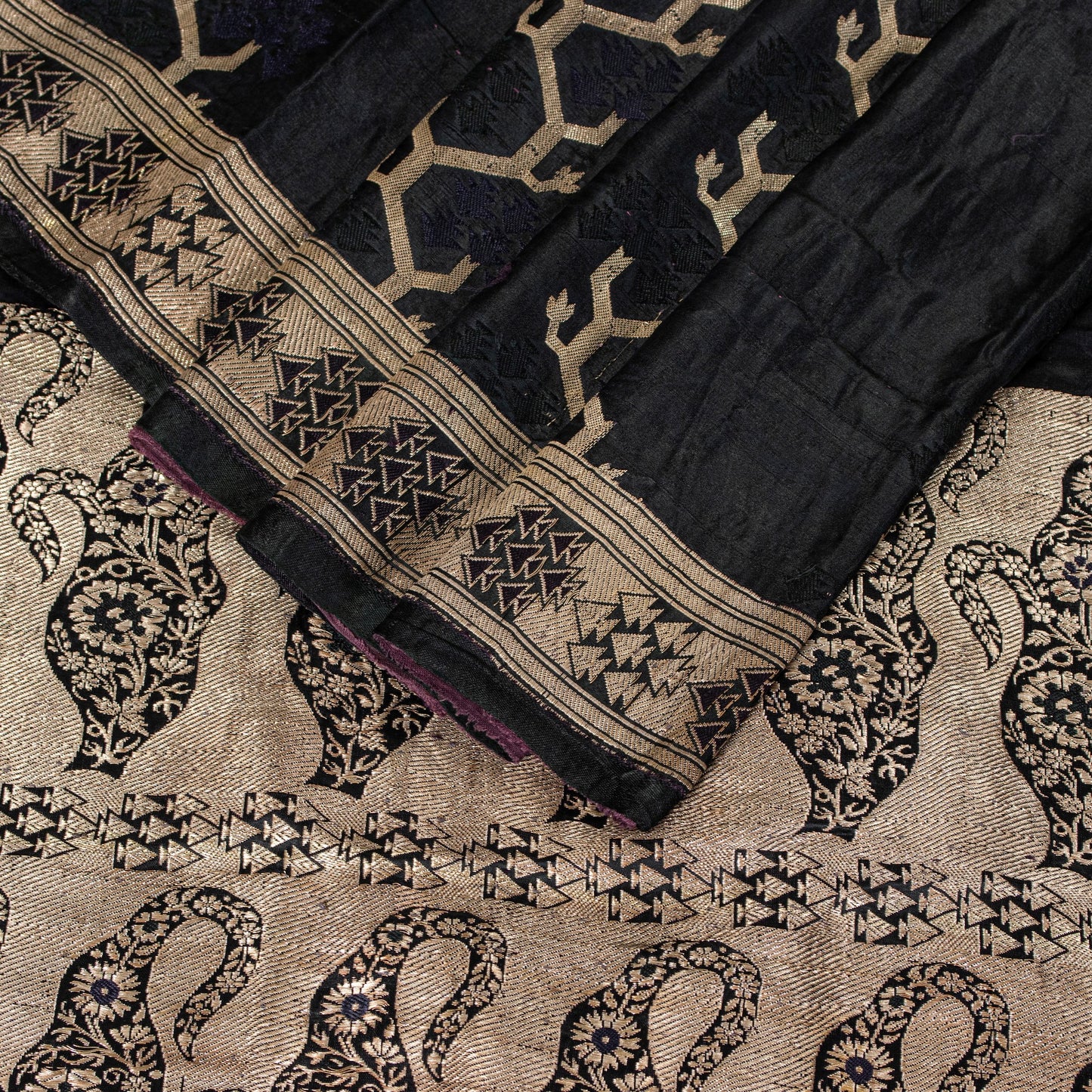 Sanskriti Vintage Saree Black 100% Pure Satin Silk Banarasi Brocade Zari HandWoven 5+Yd Cultural Sari Floral Pattern From Textile of India