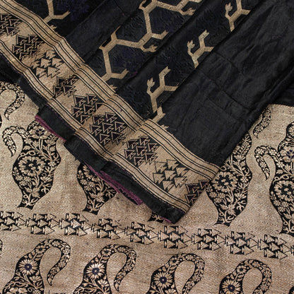 Sanskriti Vintage Saree Black 100% Pure Satin Silk Banarasi Brocade Zari HandWoven 5+Yd Cultural Sari Floral Pattern From Textile of India