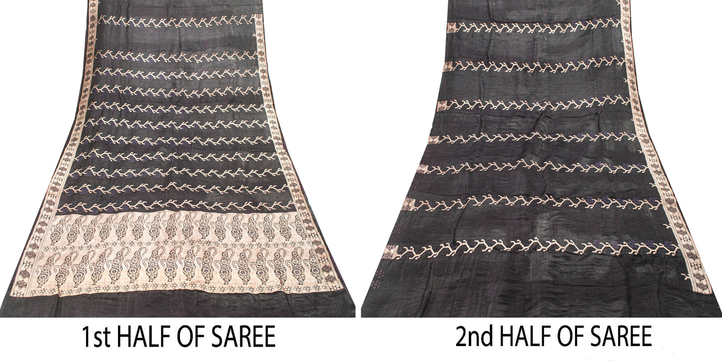 Sanskriti Vintage Saree Black 100% Pure Satin Silk Banarasi Brocade Zari HandWoven 5+Yd Cultural Sari Floral Pattern From Textile of India