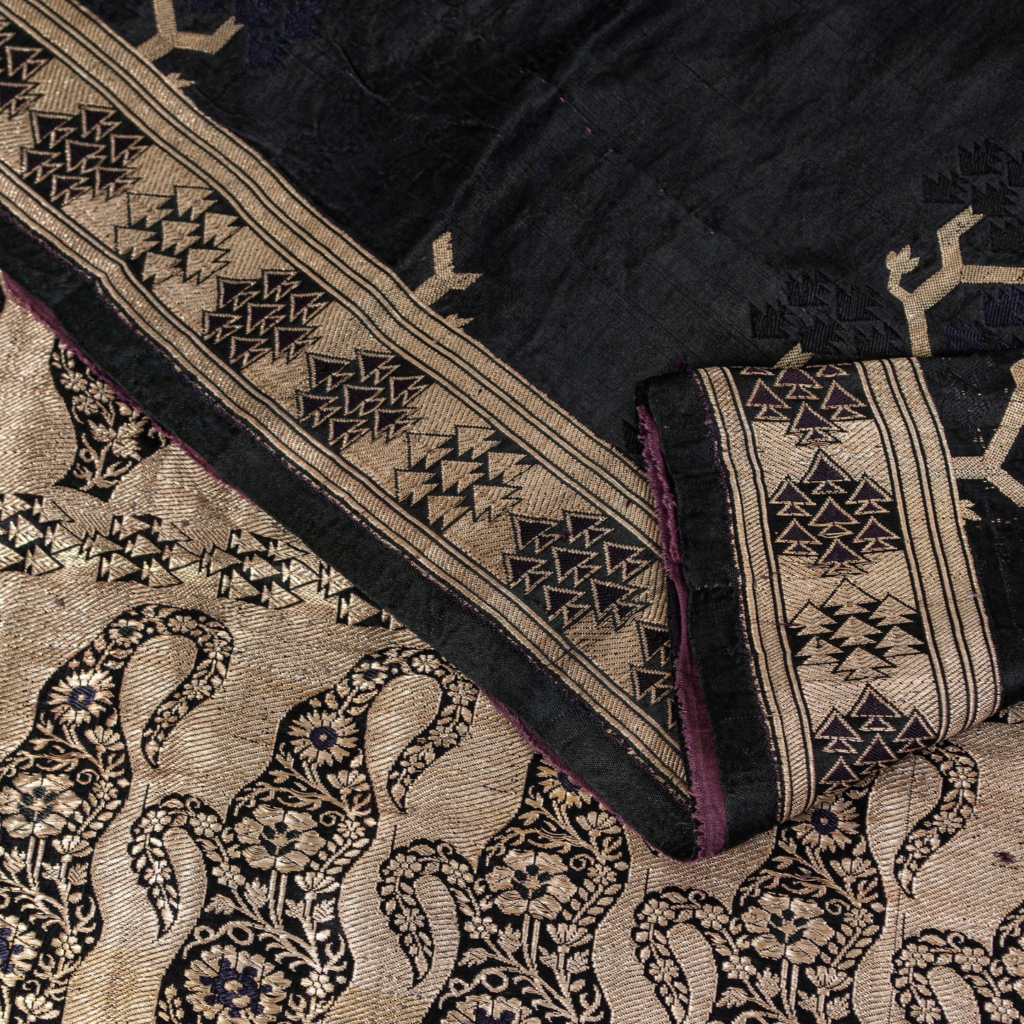 Sanskriti Vintage Saree Black 100% Pure Satin Silk Banarasi Brocade Zari HandWoven 5+Yd Cultural Sari Floral Pattern From Textile of India