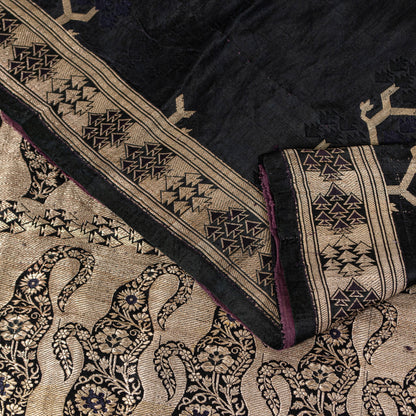 Sanskriti Vintage Saree Black 100% Pure Satin Silk Banarasi Brocade Zari HandWoven 5+Yd Cultural Sari Floral Pattern From Textile of India