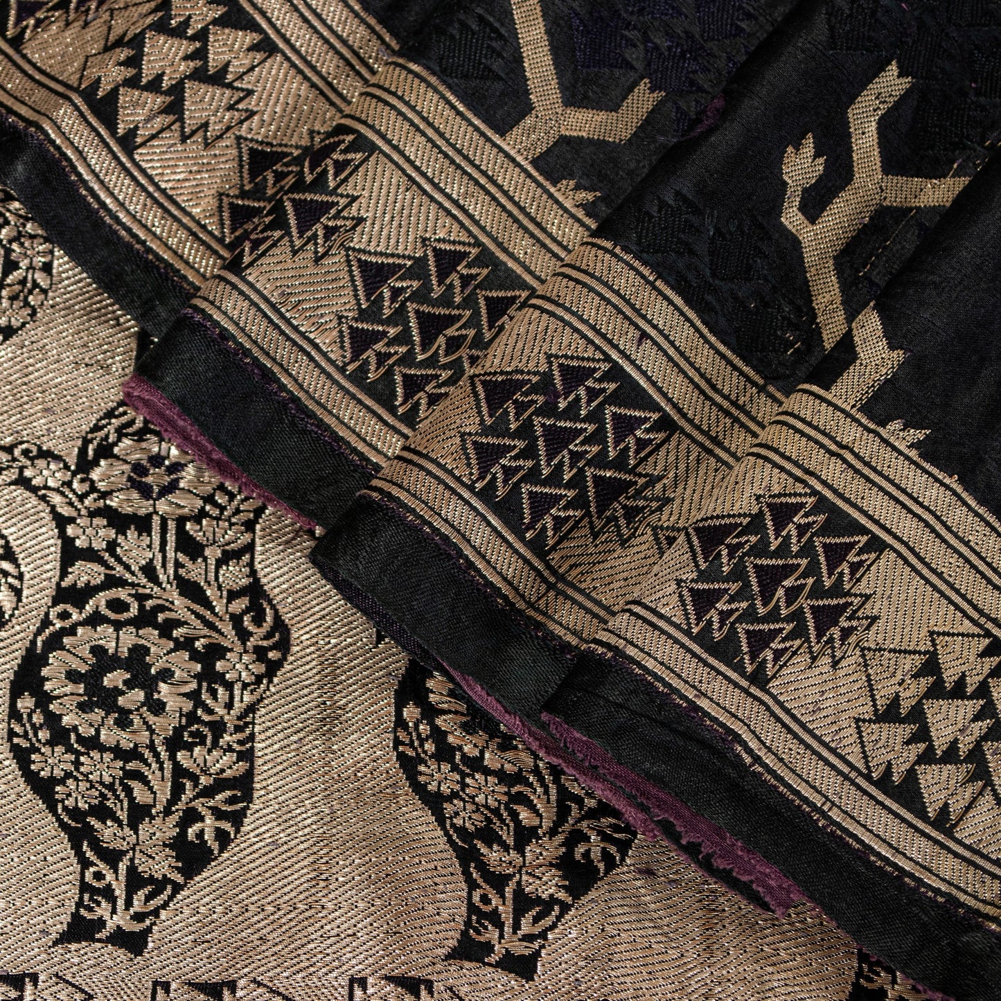 Sanskriti Vintage Saree Black 100% Pure Satin Silk Banarasi Brocade Zari HandWoven 5+Yd Cultural Sari Floral Pattern From Textile of India