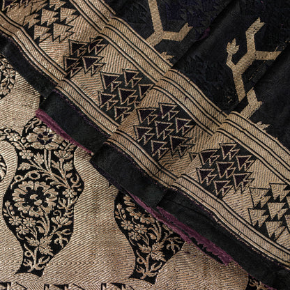 Sanskriti Vintage Saree Black 100% Pure Satin Silk Banarasi Brocade Zari HandWoven 5+Yd Cultural Sari Floral Pattern From Textile of India