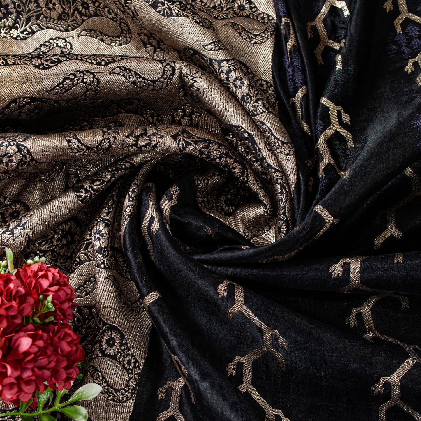 Sanskriti Vintage Saree Black 100% Pure Satin Silk Banarasi Brocade Zari HandWoven 5+Yd Cultural Sari Floral Pattern From Textile of India