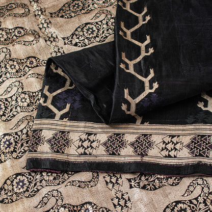 Sanskriti Vintage Saree Black 100% Pure Satin Silk Banarasi Brocade Zari HandWoven 5+Yd Cultural Sari Floral Pattern From Textile of India