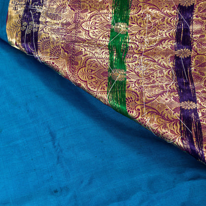 Sanskriti Vintage Blue-Pink Pure Satin Sarees Banarasi Brocade Hand Beaded 5 YD