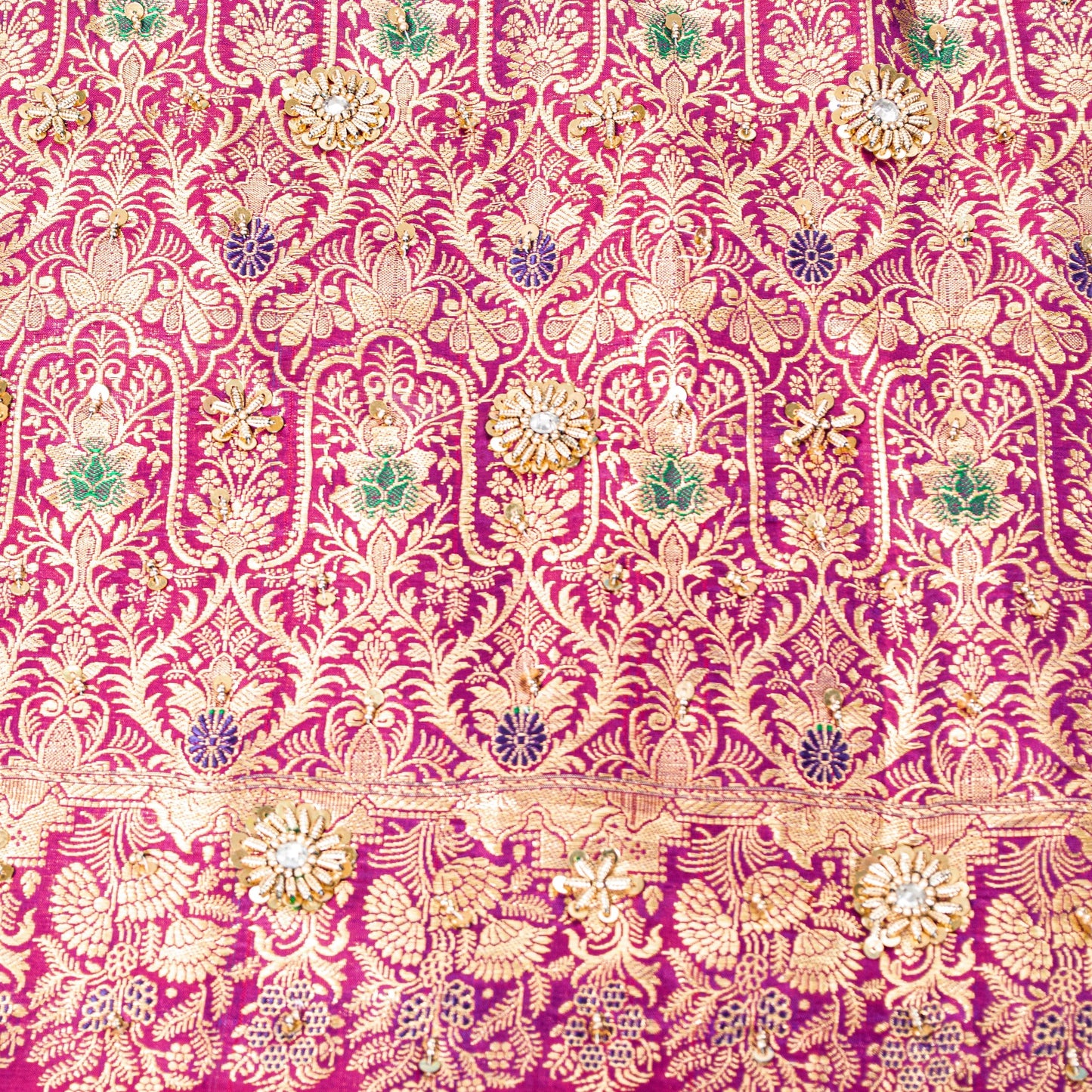 Sanskriti Vintage Blue-Pink Pure Satin Sarees Banarasi Brocade Hand Beaded 5 YD