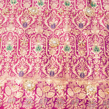 Sanskriti Vintage Blue-Pink Pure Satin Sarees Banarasi Brocade Hand Beaded 5 YD