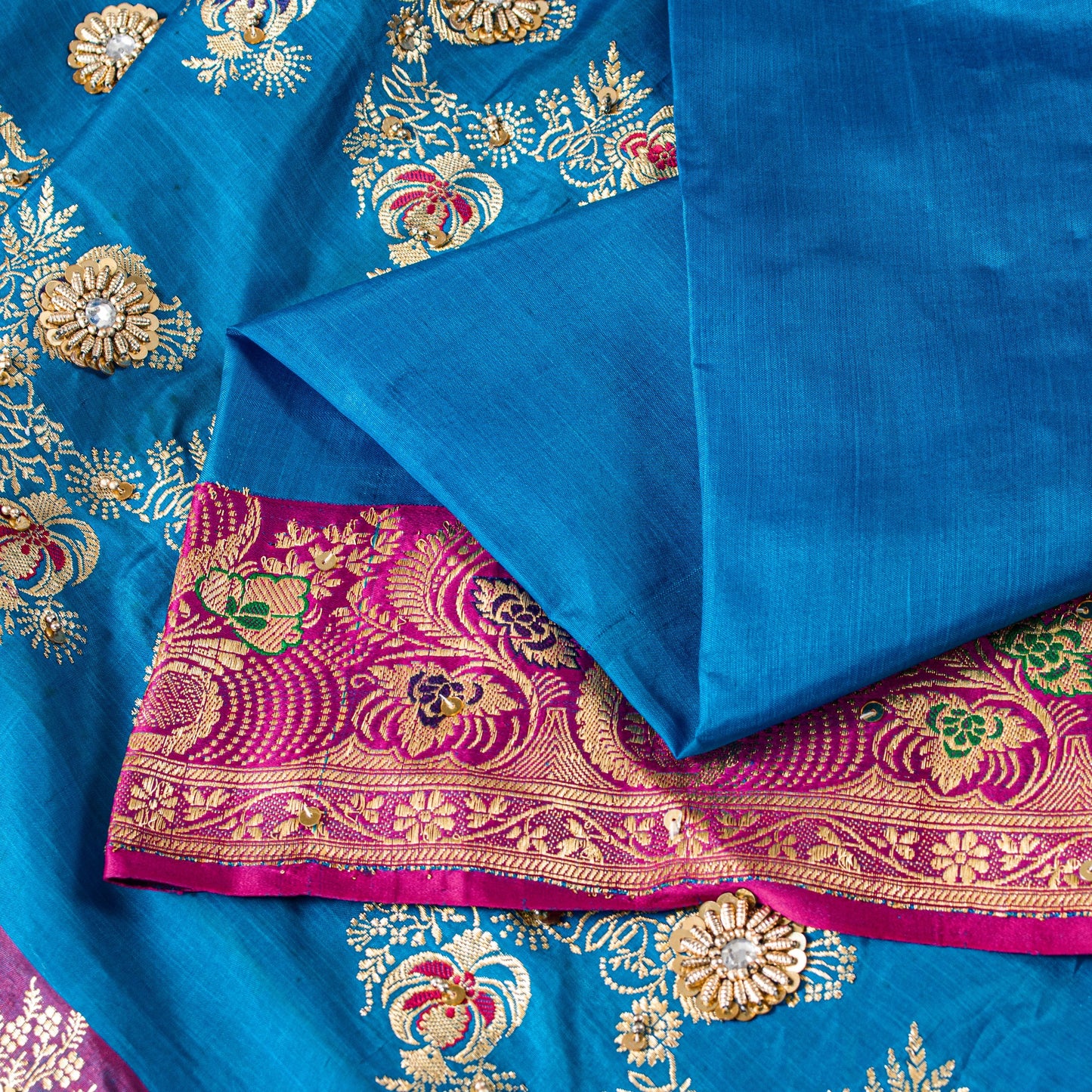 Sanskriti Vintage Blue-Pink Pure Satin Sarees Banarasi Brocade Hand Beaded 5 YD