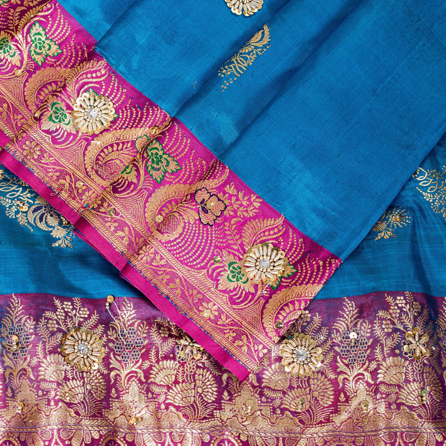 Sanskriti Vintage Blue-Pink Pure Satin Sarees Banarasi Brocade Hand Beaded 5 YD