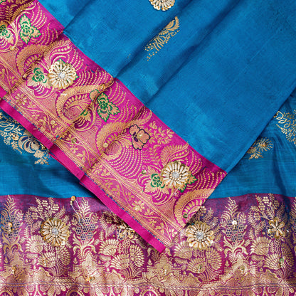 Sanskriti Vintage Blue-Pink Pure Satin Sarees Banarasi Brocade Hand Beaded 5 YD