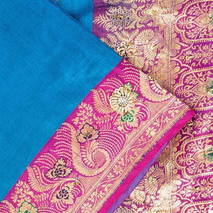 Sanskriti Vintage Blue-Pink Pure Satin Sarees Banarasi Brocade Hand Beaded 5 YD