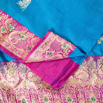Sanskriti Vintage Blue-Pink Pure Satin Sarees Banarasi Brocade Hand Beaded 5 YD