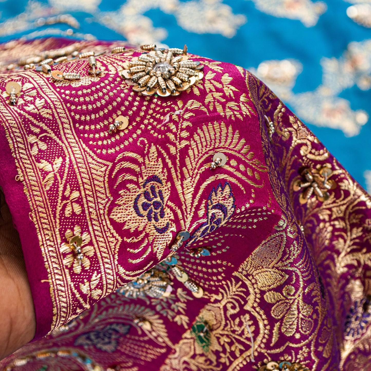 Sanskriti Vintage Blue-Pink Pure Satin Sarees Banarasi Brocade Hand Beaded 5 YD