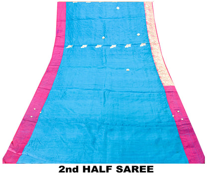 Sanskriti Vintage Blue-Pink Pure Satin Sarees Banarasi Brocade Hand Beaded 5 YD