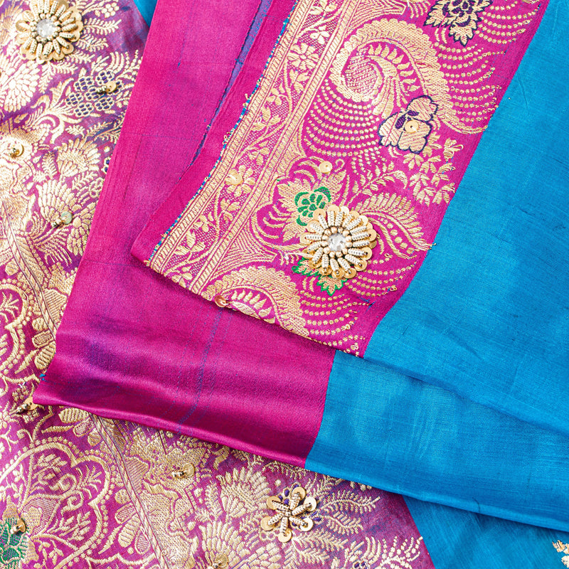 Sanskriti Vintage Sari Blue-Pink 100% Pure Satin Silk 5 Yd Sari Banarasi Brocade Hand Beaded Upcycling, Recycling, Dress Making,Quilting