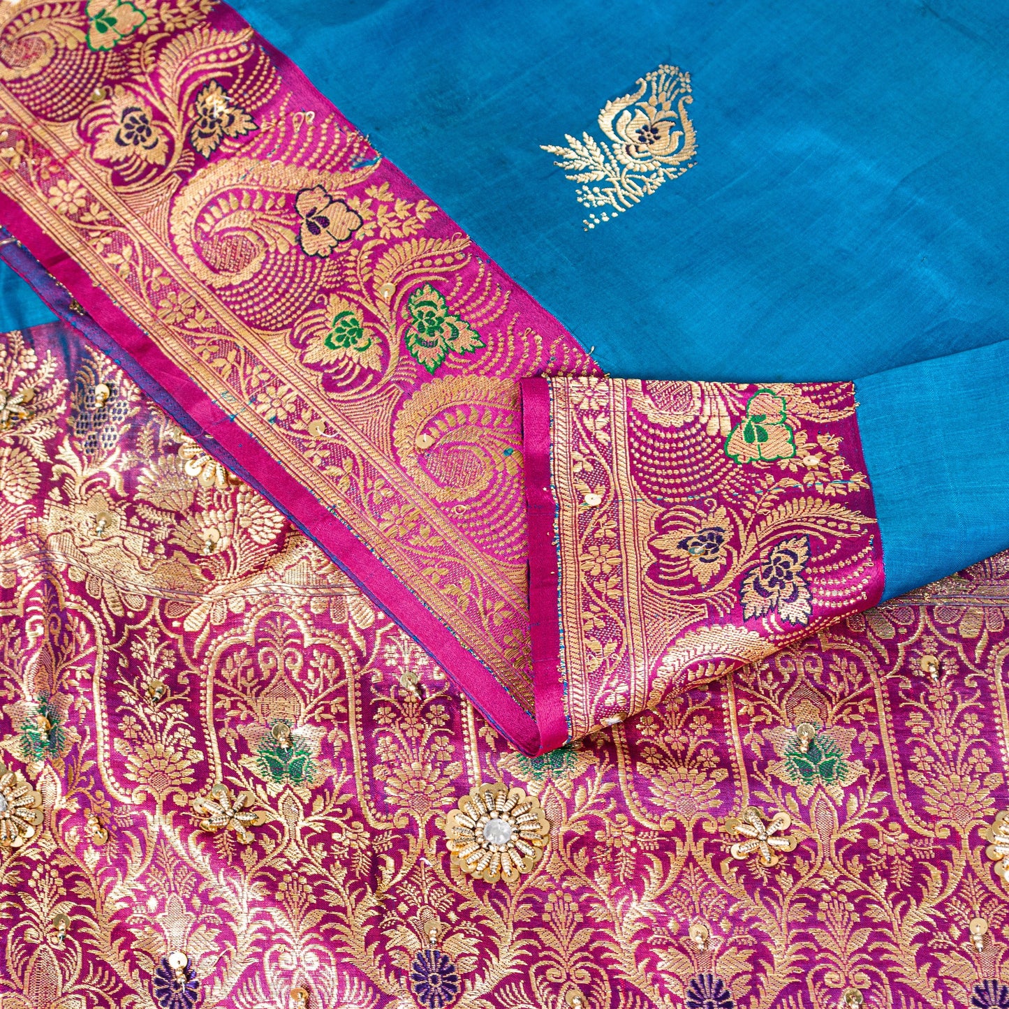 Sanskriti Vintage Blue-Pink Pure Satin Sarees Banarasi Brocade Hand Beaded 5 YD