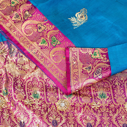 Sanskriti Vintage Blue-Pink Pure Satin Sarees Banarasi Brocade Hand Beaded 5 YD