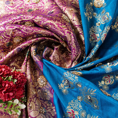 Sanskriti Vintage Blue-Pink Pure Satin Sarees Banarasi Brocade Hand Beaded 5 YD