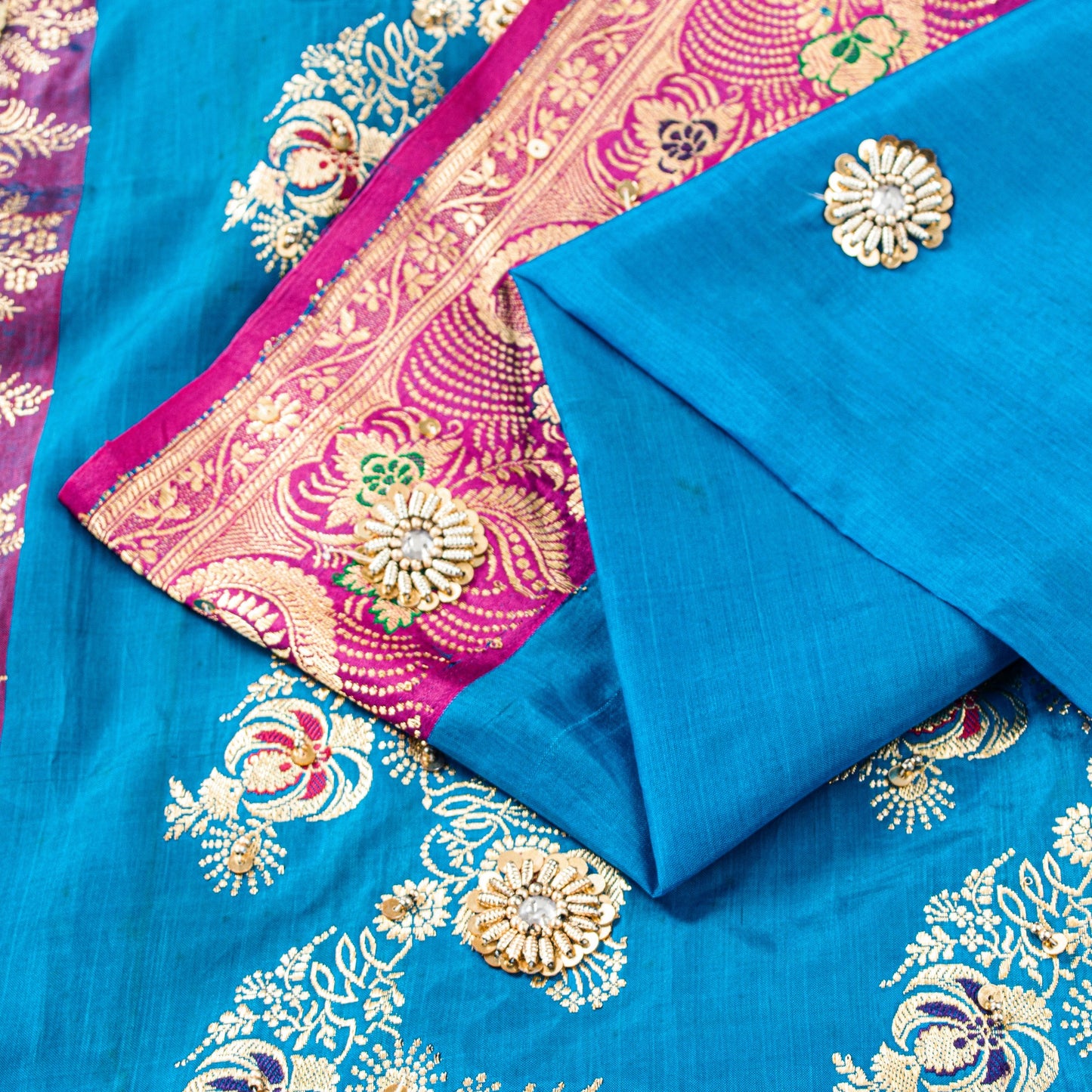 Sanskriti Vintage Blue-Pink Pure Satin Sarees Banarasi Brocade Hand Beaded 5 YD