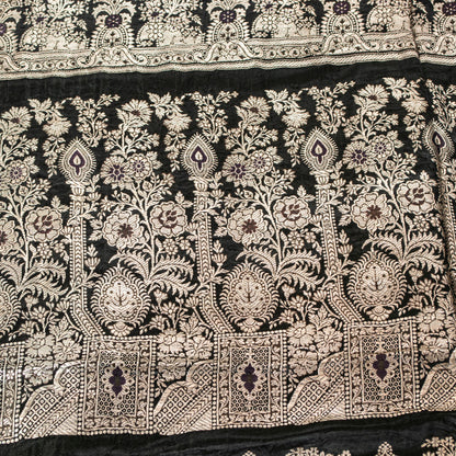 Sanskriti Vintage Saree Black 100% Pure Satin Silk 5+Yd Sari Banarasi Brocade Zari Hand-Woven Create Dresses, Kaftan, Skirt, Top, Project