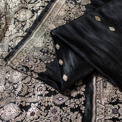 Sanskriti Vintage Saree Black 100% Pure Satin Silk 5+Yd Sari Banarasi Brocade Zari Hand-Woven Create Dresses, Kaftan, Skirt, Top, Project