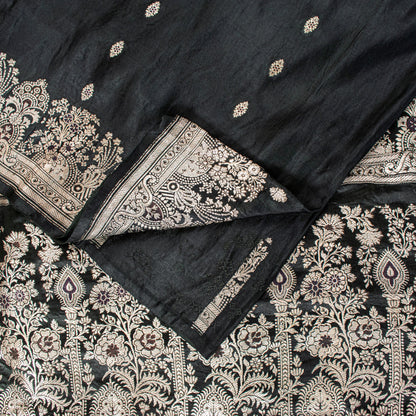 Sanskriti Vintage Saree Black 100% Pure Satin Silk 5+Yd Sari Banarasi Brocade Zari Hand-Woven Create Dresses, Kaftan, Skirt, Top, Project
