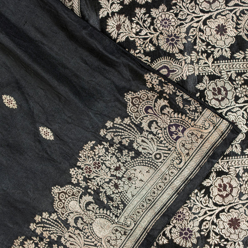 Sanskriti Vintage Saree Black 100% Pure Satin Silk 5+Yd Sari Banarasi Brocade Zari Hand-Woven Create Dresses, Kaftan, Skirt, Top, Project