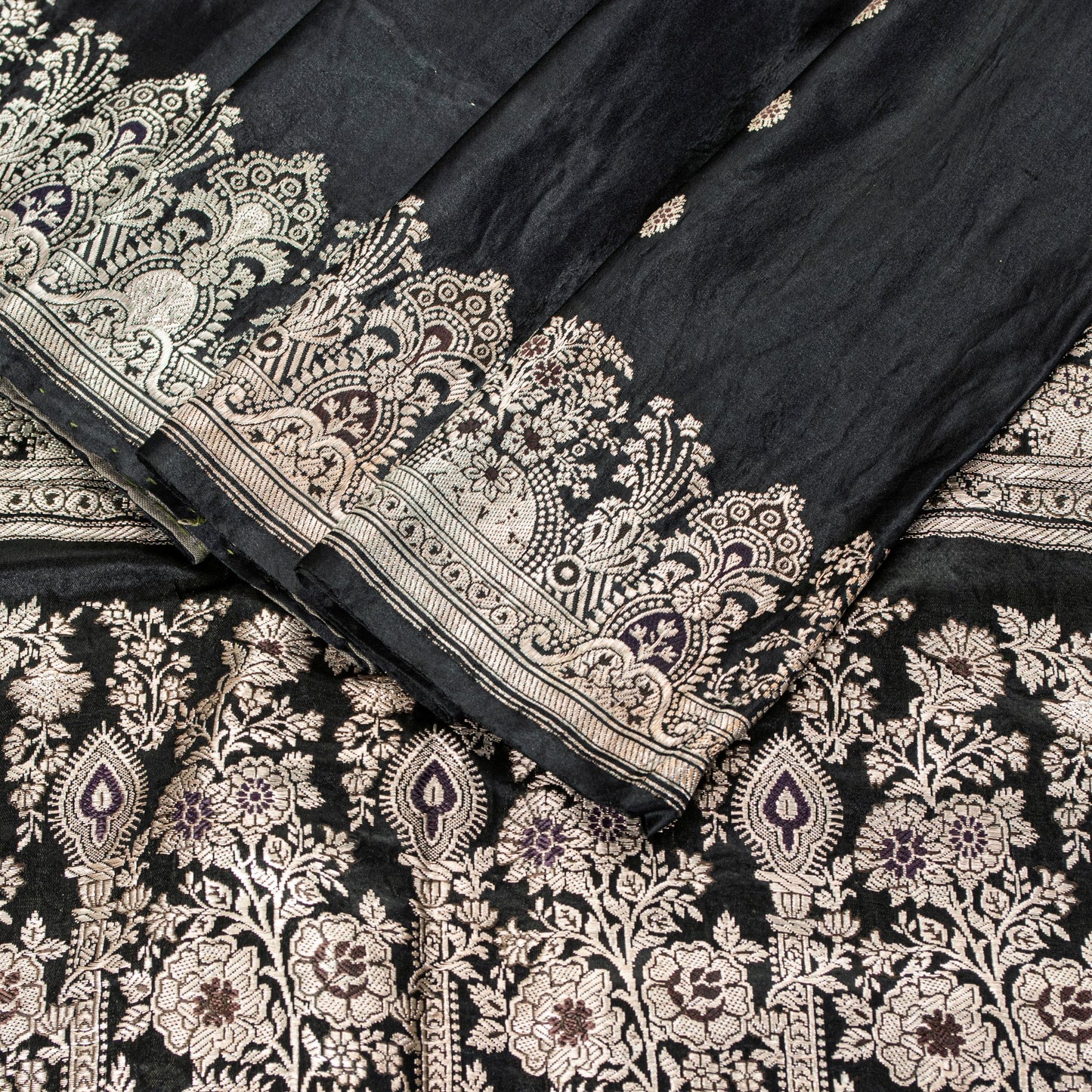 Sanskriti Vintage Saree Black 100% Pure Satin Silk 5+Yd Sari Banarasi Brocade Zari Hand-Woven Create Dresses, Kaftan, Skirt, Top, Project