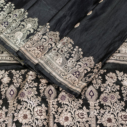 Sanskriti Vintage Saree Black 100% Pure Satin Silk 5+Yd Sari Banarasi Brocade Zari Hand-Woven Create Dresses, Kaftan, Skirt, Top, Project