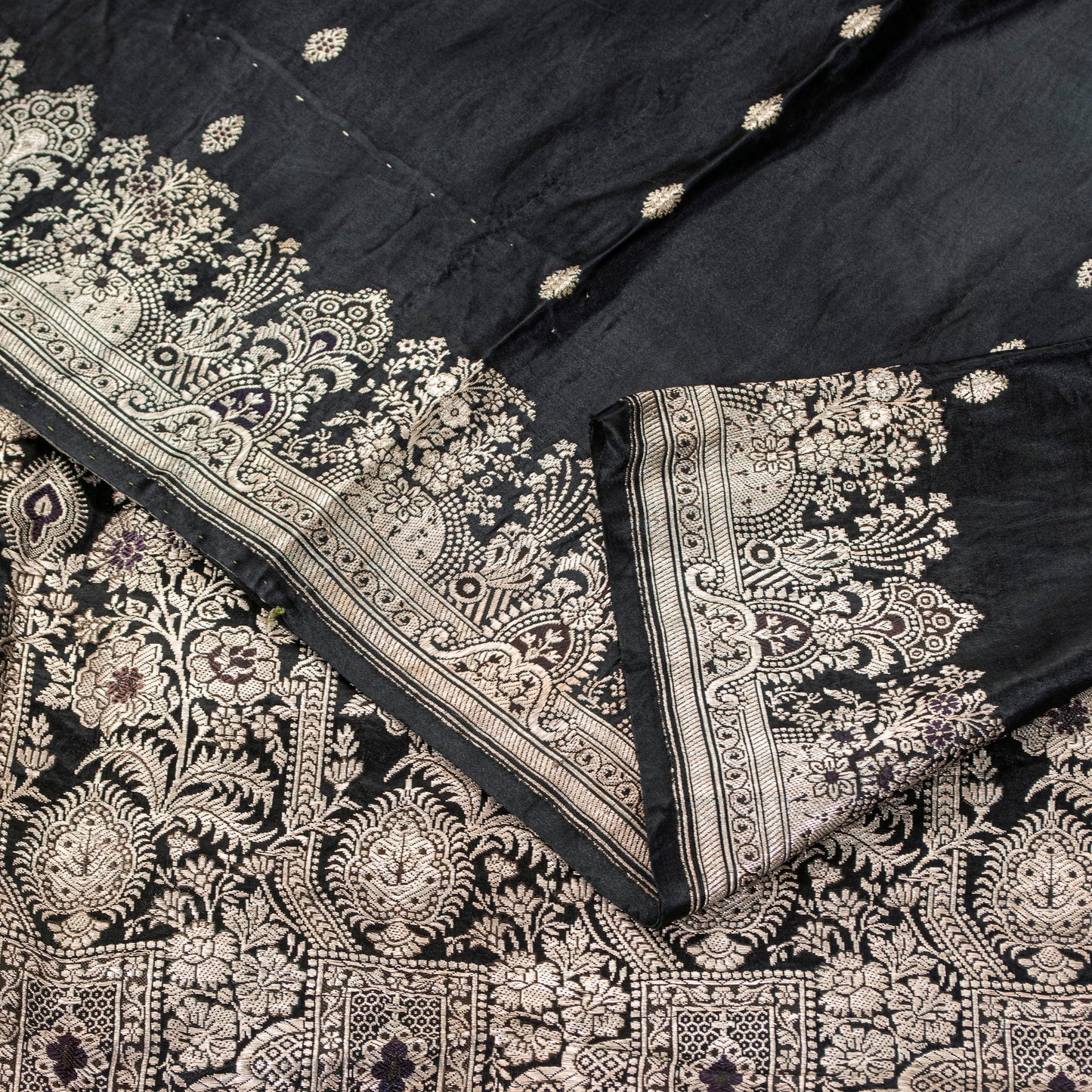 Sanskriti Vintage Saree Black 100% Pure Satin Silk 5+Yd Sari Banarasi Brocade Zari Hand-Woven Create Dresses, Kaftan, Skirt, Top, Project