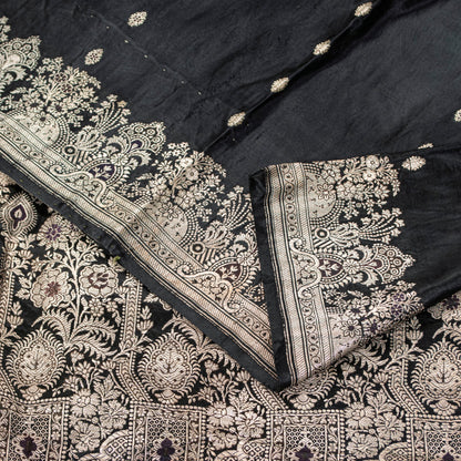 Sanskriti Vintage Saree Black 100% Pure Satin Silk 5+Yd Sari Banarasi Brocade Zari Hand-Woven Create Dresses, Kaftan, Skirt, Top, Project