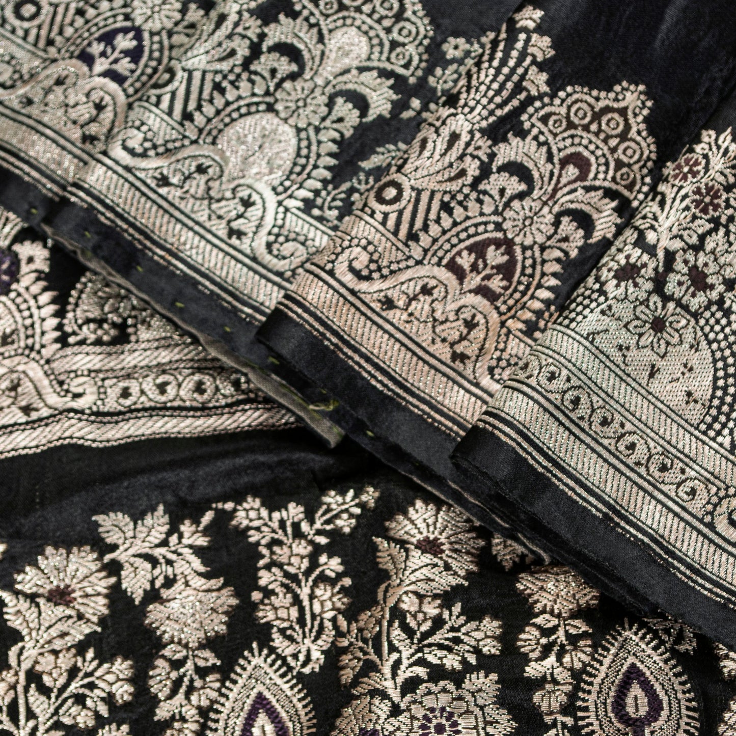 Sanskriti Vintage Saree Black 100% Pure Satin Silk 5+Yd Sari Banarasi Brocade Zari Hand-Woven Create Dresses, Kaftan, Skirt, Top, Project