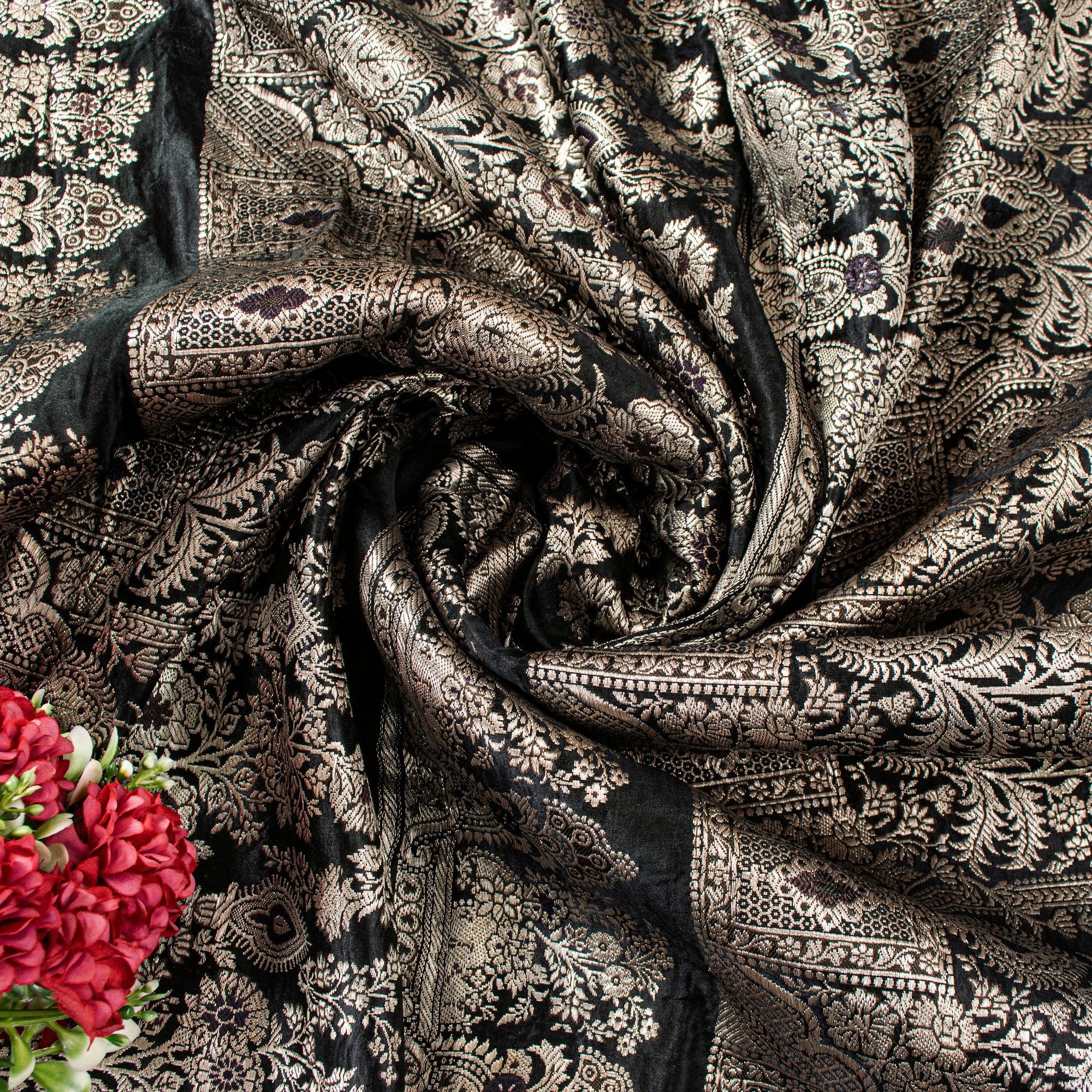 Sanskriti Vintage Black Pure Satin Sarees Banarasi Brocade Zari Hand-woven 5+Yd