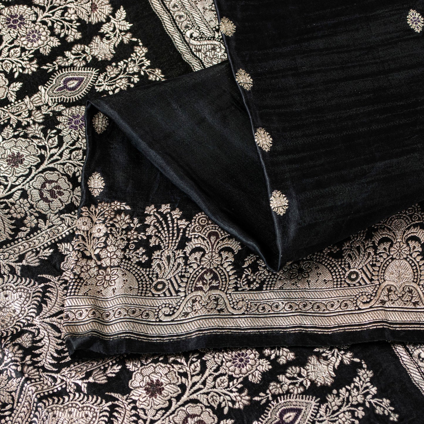Sanskriti Vintage Saree Black 100% Pure Satin Silk 5+Yd Sari Banarasi Brocade Zari Hand-Woven Create Dresses, Kaftan, Skirt, Top, Project