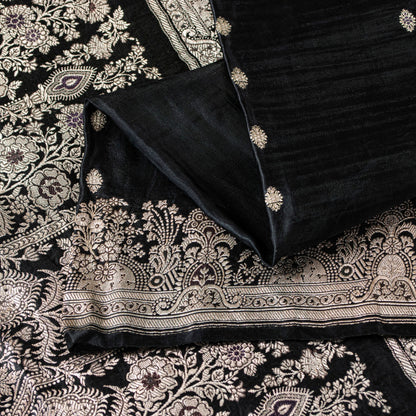 Sanskriti Vintage Saree Black 100% Pure Satin Silk 5+Yd Sari Banarasi Brocade Zari Hand-Woven Create Dresses, Kaftan, Skirt, Top, Project