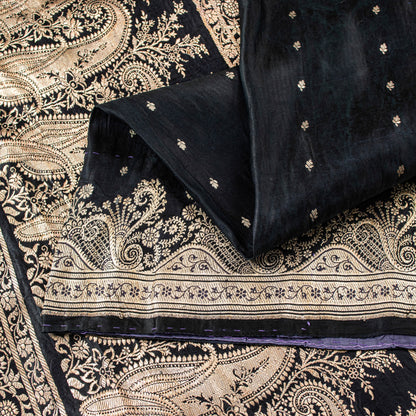 Sanskriti Vintage Saree Black 100% Pure Satin Silk Banarasi Brocade Zari Hand-Woven 5+Yd Create Dresses, Kaftan, Skirt, Tops, Projects