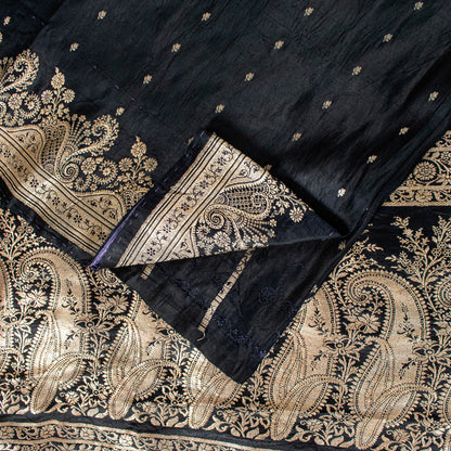 Sanskriti Vintage Saree Black 100% Pure Satin Silk Banarasi Brocade Zari Hand-Woven 5+Yd Create Dresses, Kaftan, Skirt, Tops, Projects