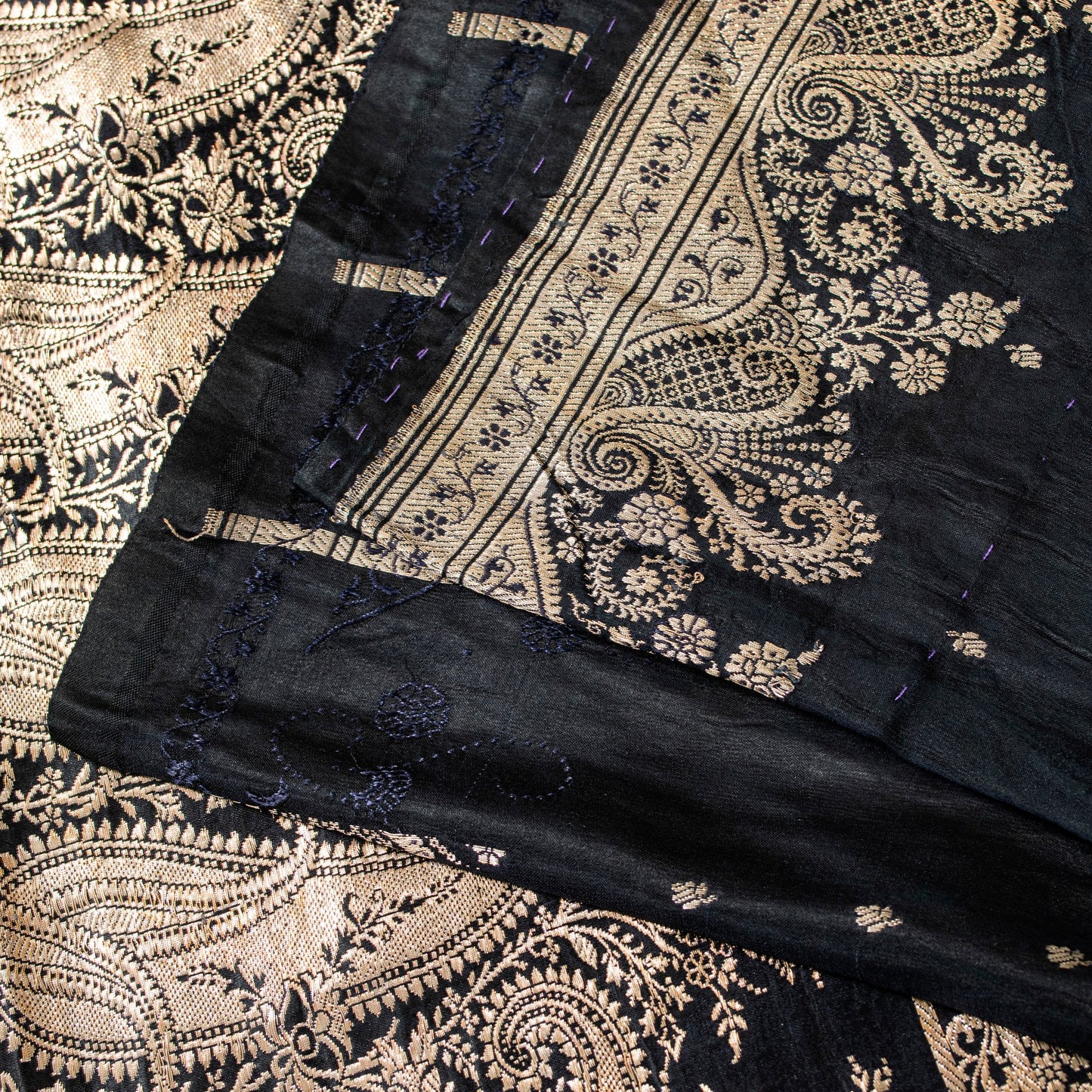 Sanskriti Vintage Saree Black 100% Pure Satin Silk Banarasi Brocade Zari Hand-Woven 5+Yd Create Dresses, Kaftan, Skirt, Tops, Projects