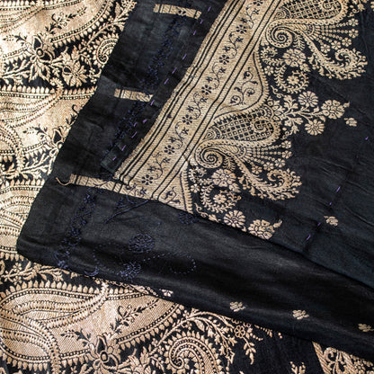 Sanskriti Vintage Saree Black 100% Pure Satin Silk Banarasi Brocade Zari Hand-Woven 5+Yd Create Dresses, Kaftan, Skirt, Tops, Projects