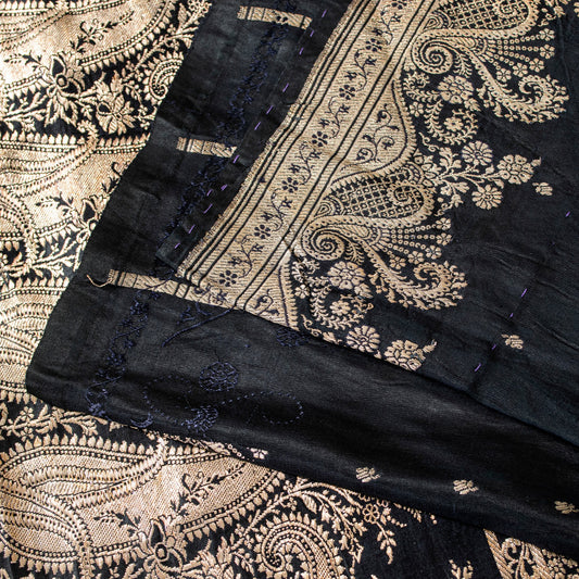 Sanskriti Vintage Black Pure Satin Sarees Banarasi Brocade Zari Hand-Woven 5+Yd