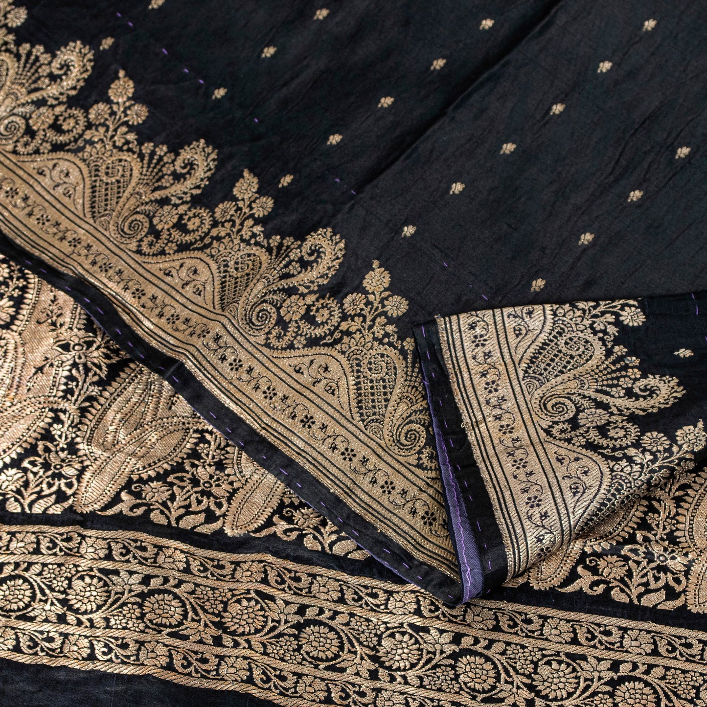 Sanskriti Vintage Saree Black 100% Pure Satin Silk Banarasi Brocade Zari Hand-Woven 5+Yd Create Dresses, Kaftan, Skirt, Tops, Projects