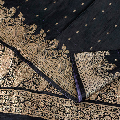 Sanskriti Vintage Saree Black 100% Pure Satin Silk Banarasi Brocade Zari Hand-Woven 5+Yd Create Dresses, Kaftan, Skirt, Tops, Projects